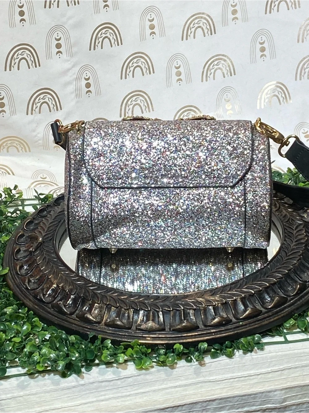 Silver Glitter Bow Crossbody Bag with Black Strap